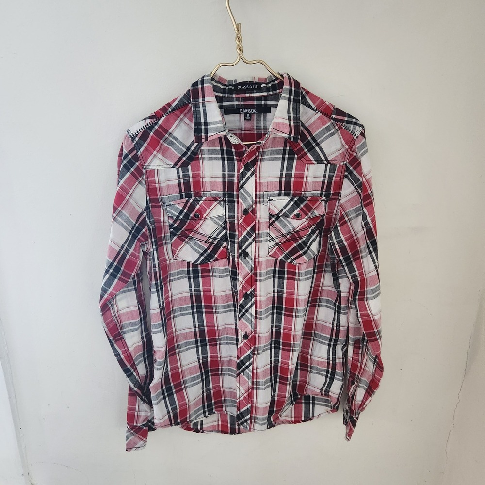 Carbon Mens Red Black White Plaid‎ Western Long Sleeve Button Down Shirt Small